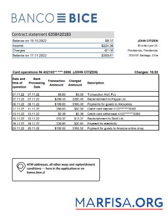 Downloadable Chile Banco Bice bank statement excel real example